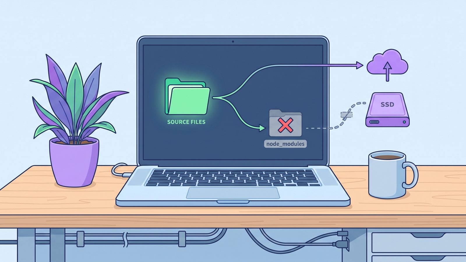 Organized Mac developer backup workflow with source files flowing to an external drive while dependencies stay filtered