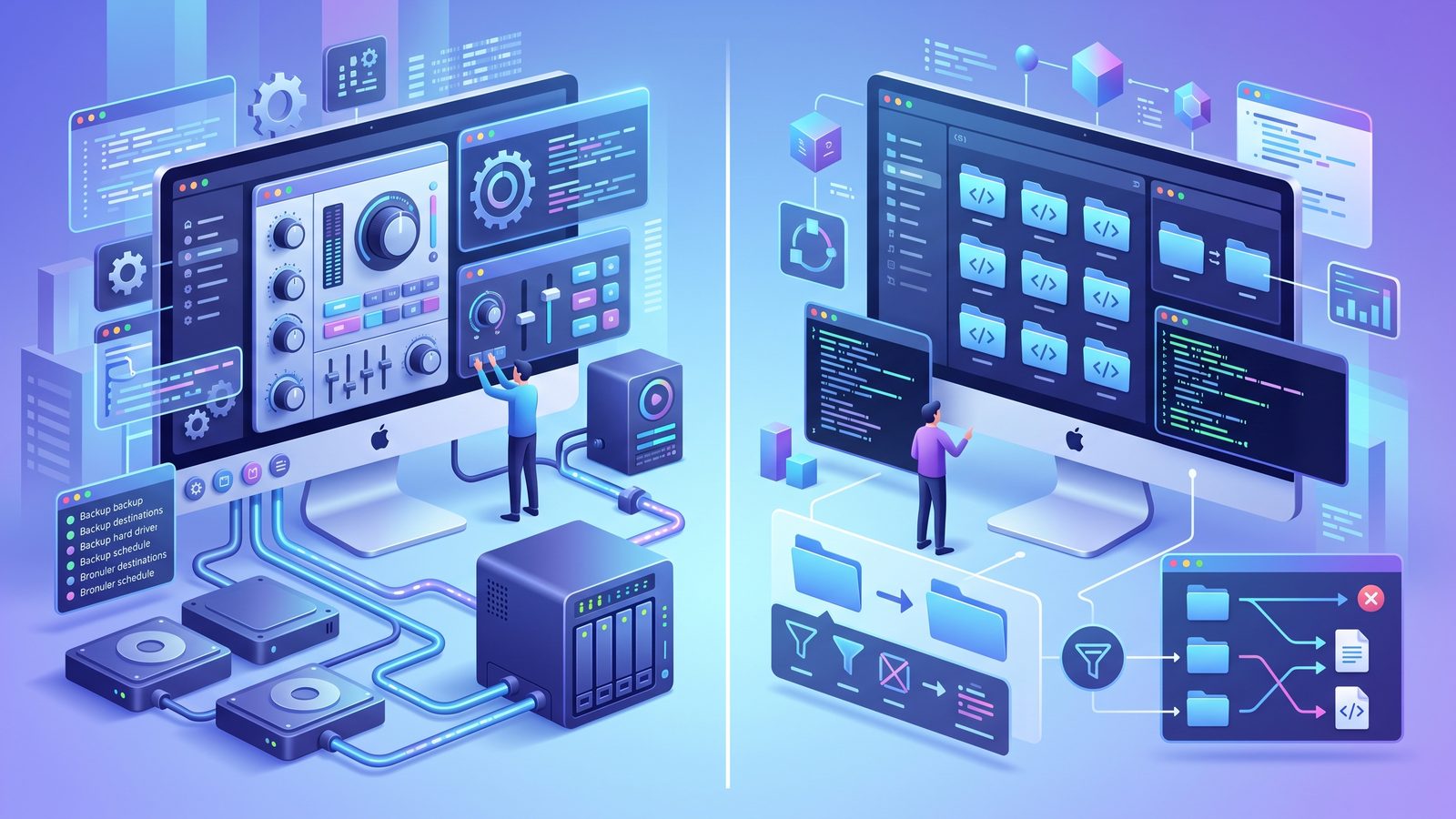 Split view of ChronoSync and Lsyncer interfaces side by side on a Mac