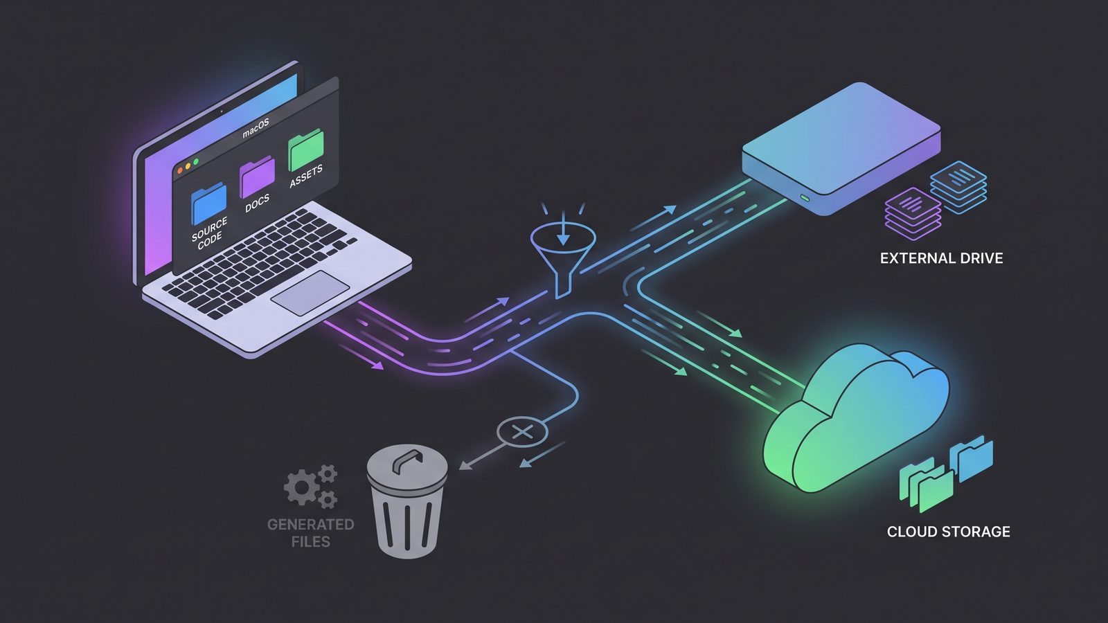 Clean Mac developer folder sync workflow where source files are filtered into a calm backup destination