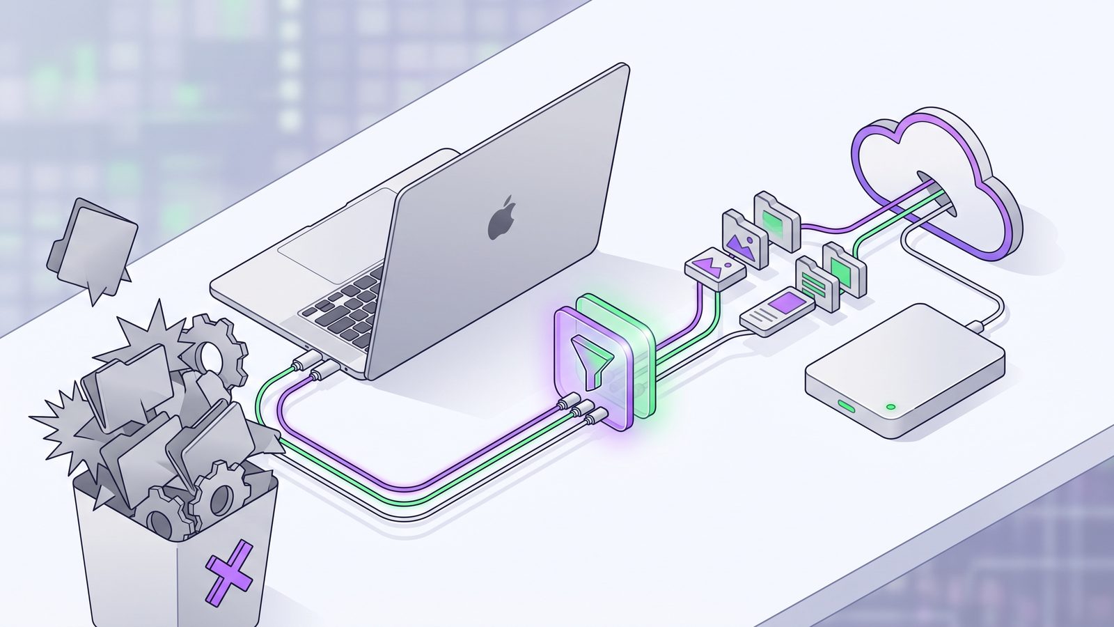 Organized Mac developer folder sync workflow with generated files filtered out before backup