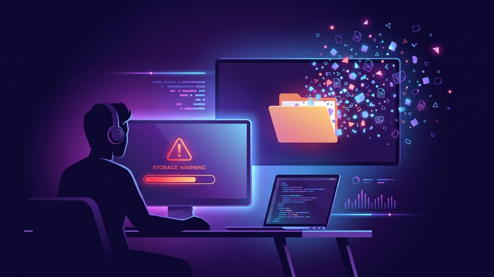 Mac developer facing an iCloud Drive storage warning while dependency files pile up around a code project