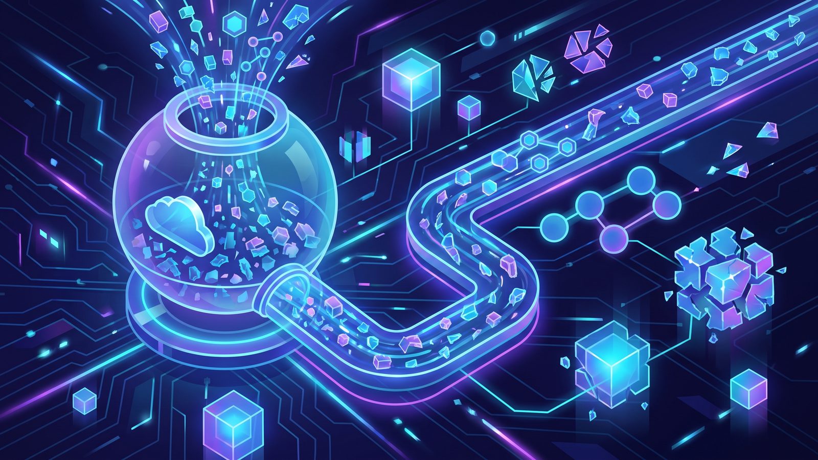 Abstract iCloud Drive storage queue filled with dependency files, Git objects, caches, and build artifacts