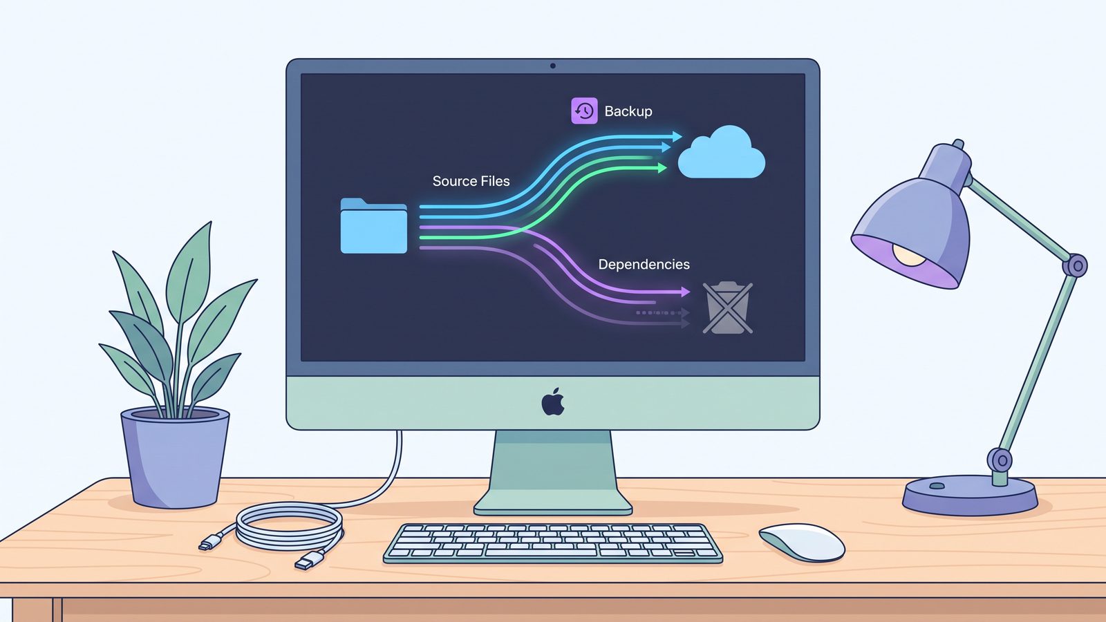 Clean developer sync workflow where source files are copied to iCloud while generated folders are excluded