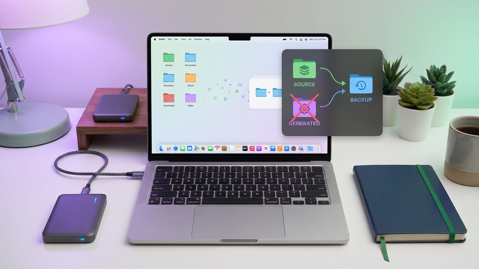 Clean developer backup workflow with source files syncing and generated folders excluded