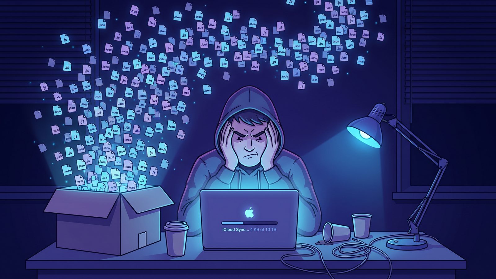 Mac developer frustrated by slow iCloud sync while a development folder creates thousands of tiny files