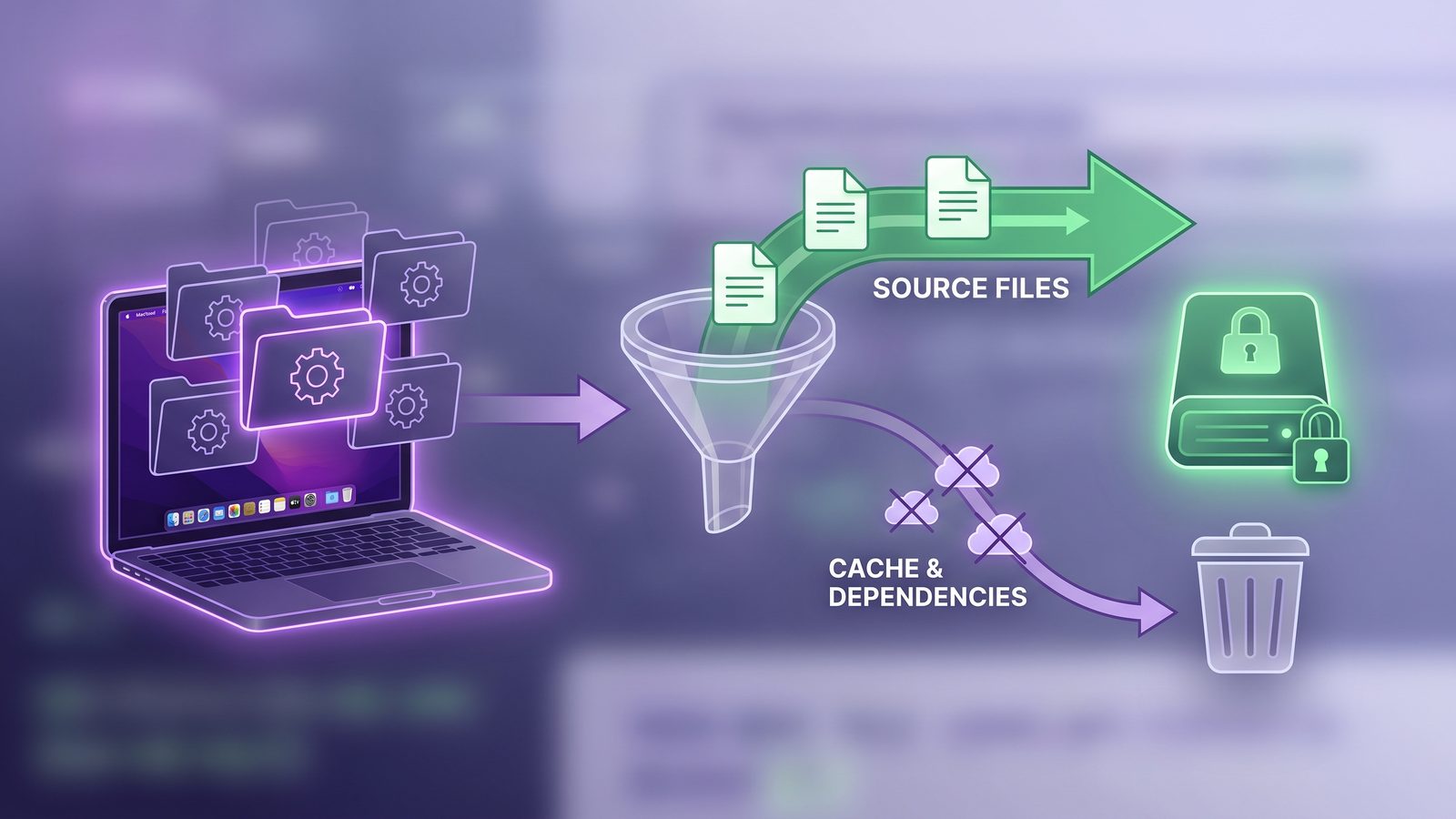 Clean automatic Mac folder backup where source files sync and generated caches stay local