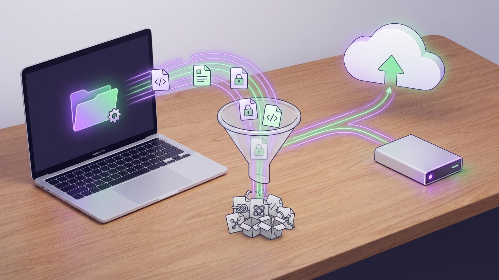 Organized Mac developer folder sync workflow with source files passing through filters to clean destinations
