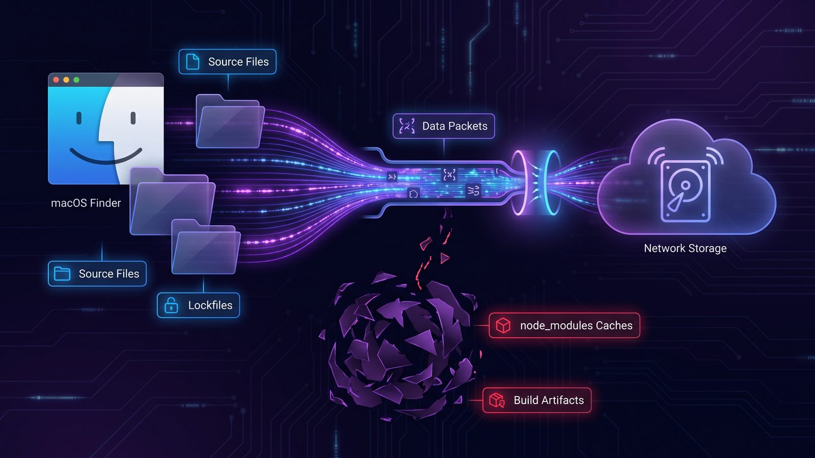 Abstract NAS backup pipeline overwhelmed by dependency folders and cache artifacts from a Mac code project