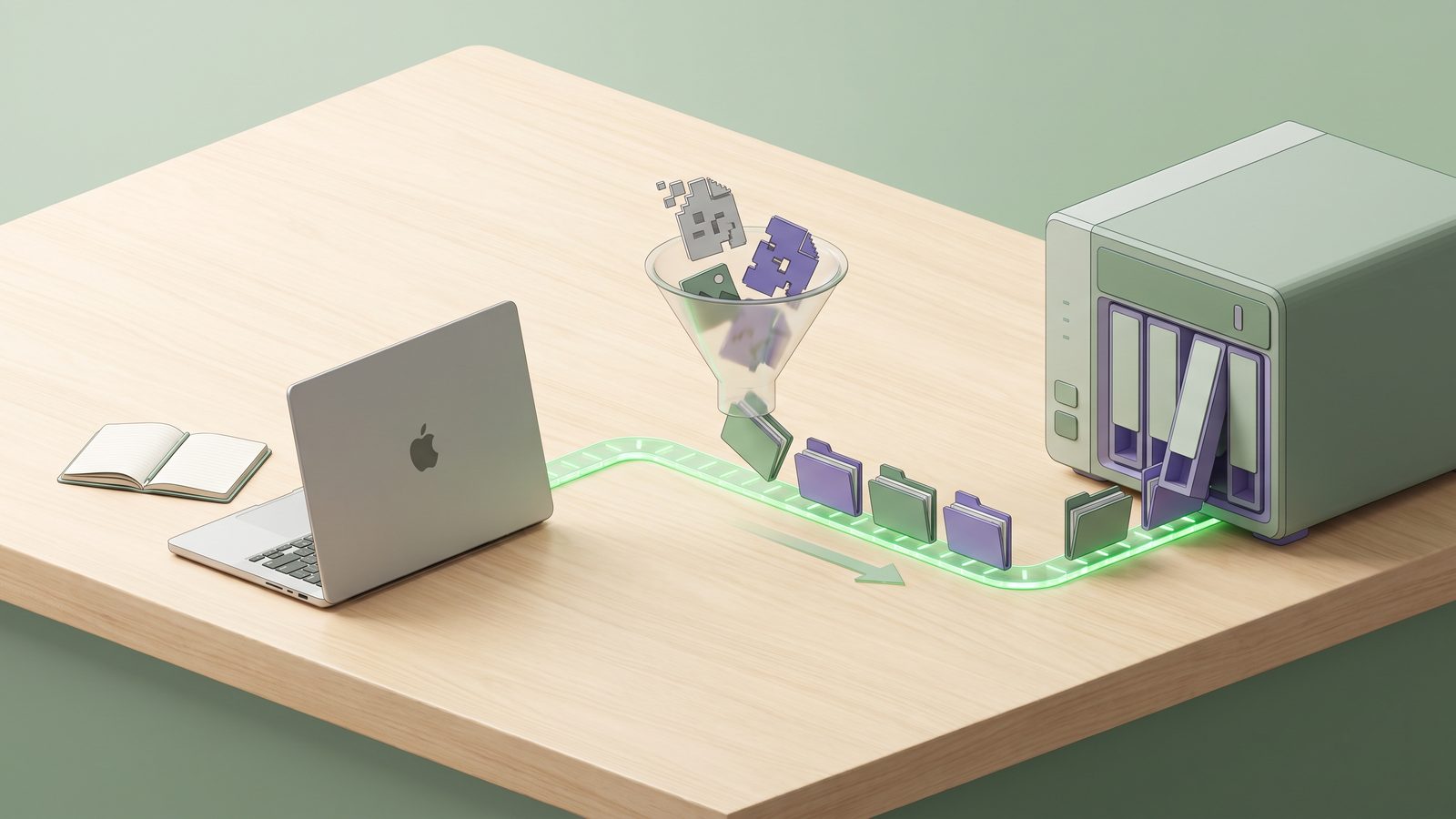 Clean Mac developer workflow syncing source files to NAS storage while generated folders are filtered out