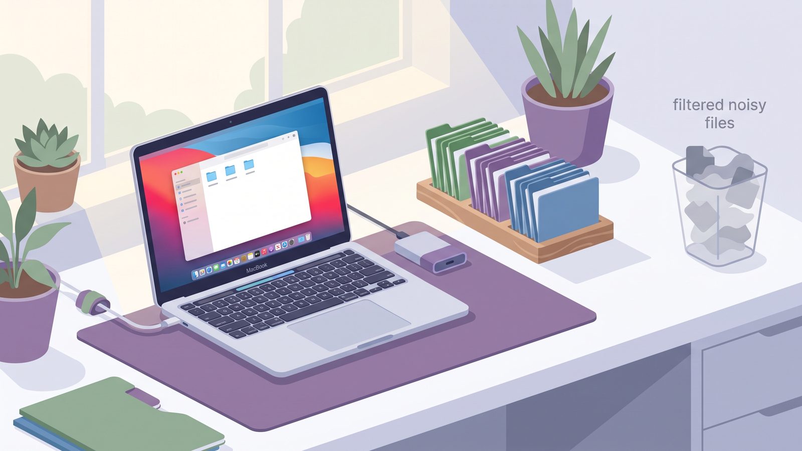 Organized Mac developer desk with an external SSD and clean filtered project backups