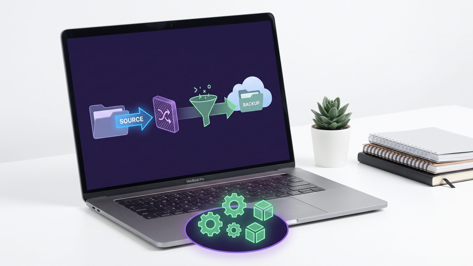 Clean filtered Mac developer sync workflow where source files flow and generated folders stay local